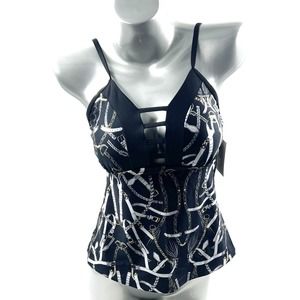 Cyn Luca Tankini Swimsuit Top Size Small Black Plunge Neck Chain Link Print NEW